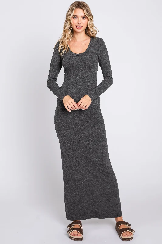 Retro Dresses for Throwback -Charcoal Solid Long Sleeve Scoop Neck Maxi Dress