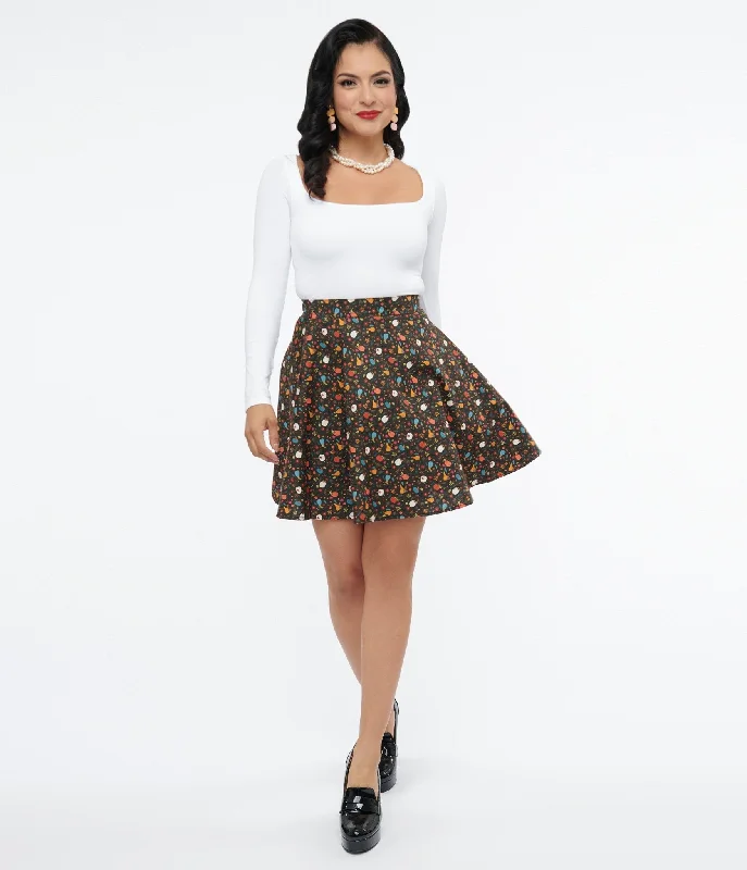 Soft linen skirts for gentle warm wear -Retrolicious 1950s Black Pumpkin Print Skater Skirt