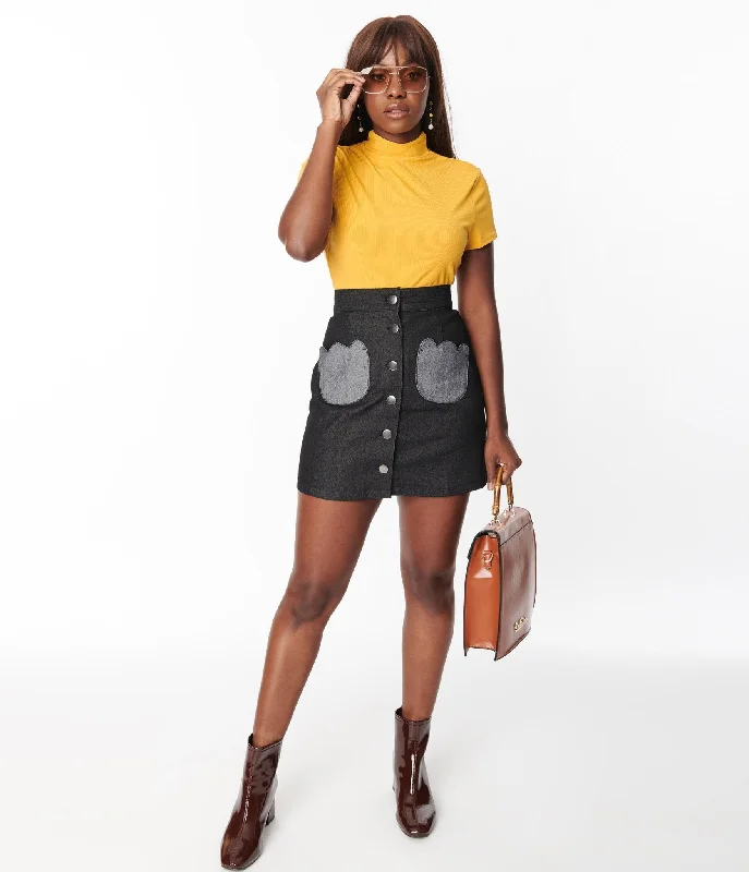 High-waisted skirts with button front detail -Smak Parlour Black Denim Tulip Patch Pocket Skirt