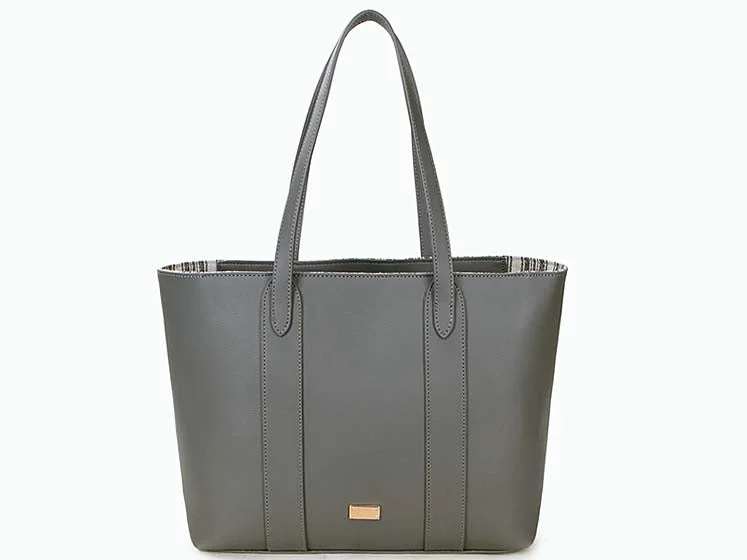 Handle bags with padded handles for comfort -LARGE PLAIN GREY TOTE HANDBAG WITH STRIPE INTERIOR