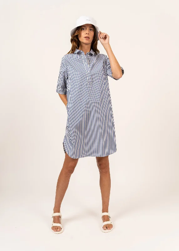 Zippered Dresses for Convenience -Léonie shirt dress - short sleeves, with pockets (BLANC/BLEU)