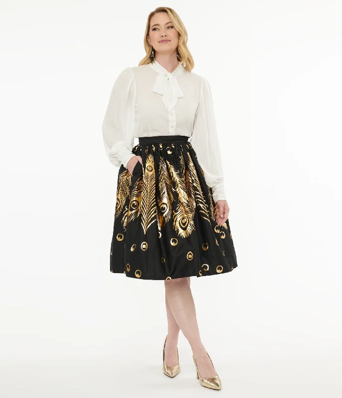 A-line mini skirts for fun flirty looks -Unique Vintage 1950s Black & Gold Foil Feather Gellar Swing Skirt