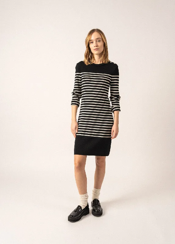 Silk Dresses for Luxurious -Grande Marée striped jumper dress - in wool, shoulder buttoning (NOIR/ECUME)