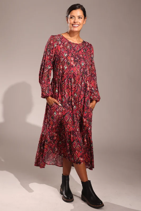 Ethnic Dresses with Tribal Design -Printed Cotton Rayon Dress | Berry Mosaic | 6541ZZ