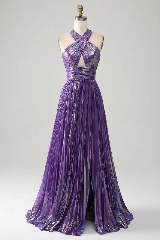 Blue Dresses for Classic -Sparkly Purple Halter A Line Prom Dress with Pleated