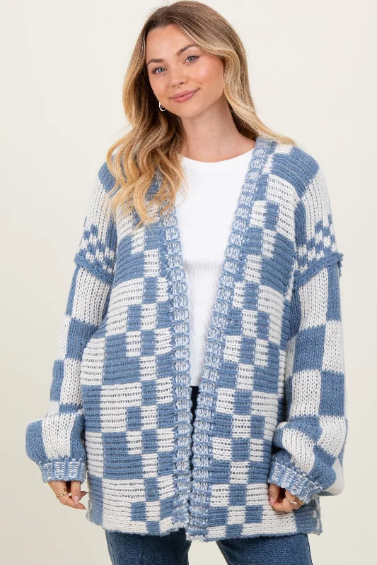 Cycling - cardigan for a sporty look -Blue Mixed Check Pattern Chunky Cardigan