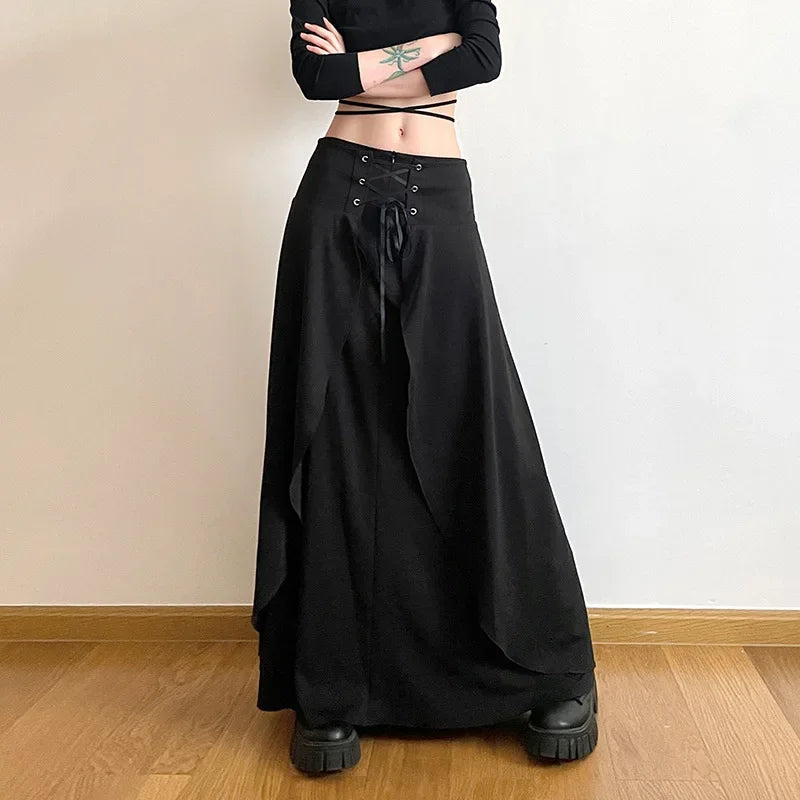 Wrap skirts for adjustable stylish fit -Women's High Waist Layered Ruffle Maxi Cake Elegant Party Wedding Guest Y2K Solid Vintage Black A Line Skirt