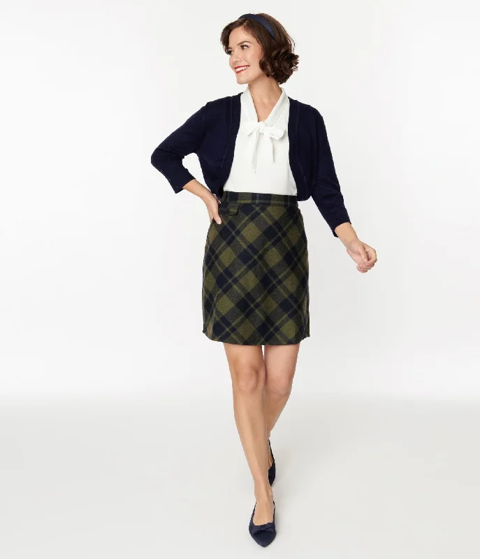 Luxury skirts with elegant silk sheen -Sage Green & Navy Plaid Mini Skirt