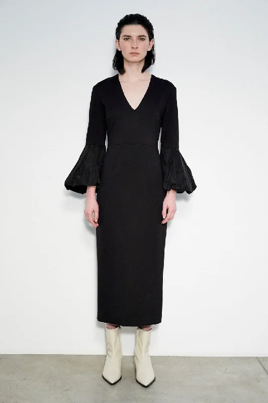 Cotton Dresses for Comfort -MEIMEIJ - V NECK MIDI DRESS WITH PUFF SLEEVES