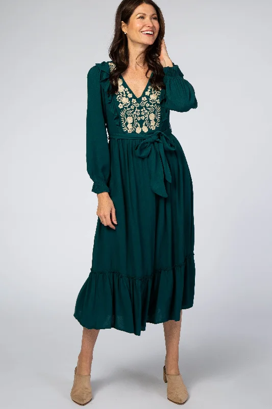 Cotton Dresses for Comfort -Emerald Floral Embroidered Ruffled Midi Dress