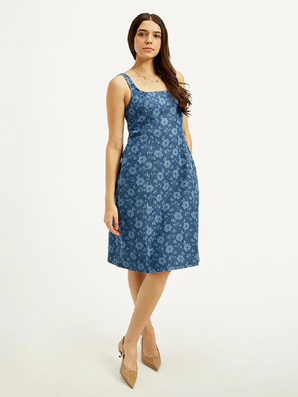 Graduation Dresses for Milestone -Women's Floral Blue Square Neck Dress