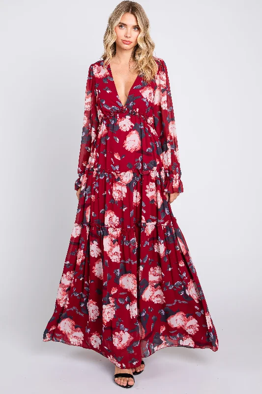 Tiered Dresses for Voluminous -Burgundy Floral Chiffon V-Neck Lettuce Edge Tiered Maxi Dress