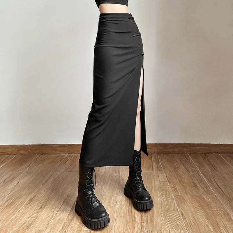 Flowy floral skirts for springtime elegance -Black Sexy Women A-line Slits High Waist Slim Hip-covering Solid Mid-length Long Streetwear Skirt