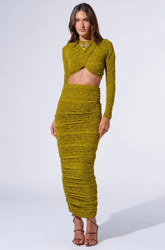 Classic skirts with subtle texture weave -MAYBE NEXT TIME RUCHED MAXI SKIRT IN OLIVE