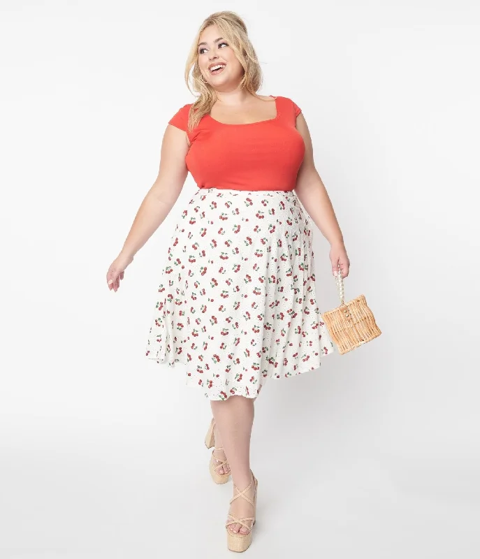 A-line midi skirts for balanced style -Collectif White & Red Cherry Mattie Broderie Swing Skirt