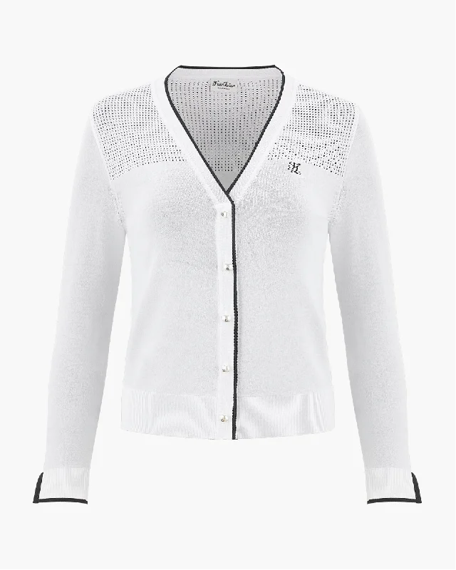 Fashion - show cardigan for a trendy statement -V -neck color scheme line cardigan - White