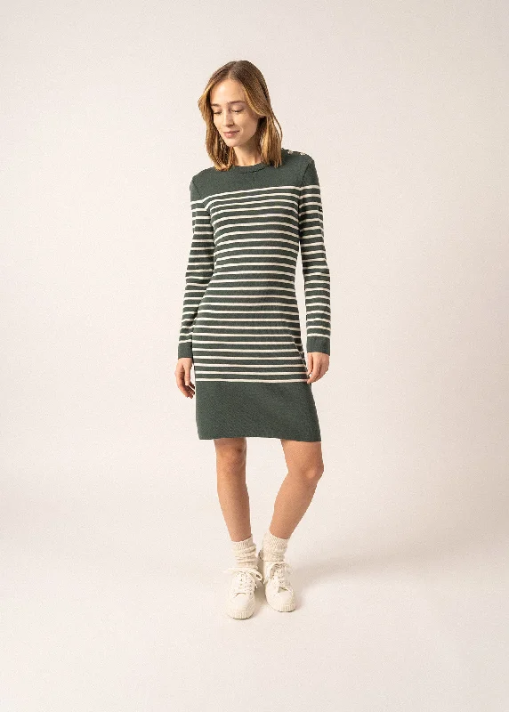 Faux Leather Dresses for Affordable -Grande Marée striped jumper dress - in wool, shoulder buttoning (VEGETAL/ECUME)