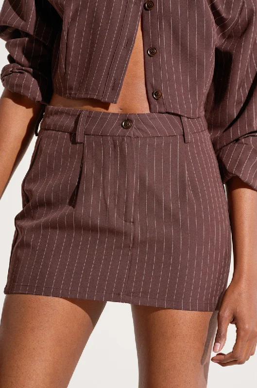 Bold leather skirts for daring fashion statements -STRAIGHT TO BUSINESS PINSTRIPE MINI SKIRT IN BROWN