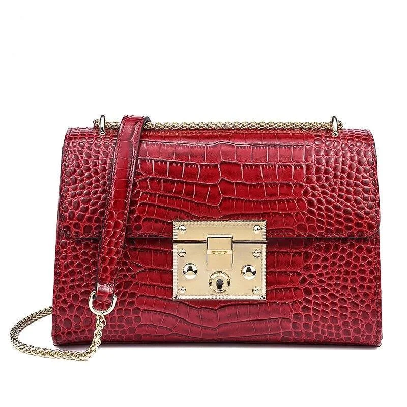 Handle bags with padded handles for comfort -Red Genuine Leather Chain Shoulder Bag