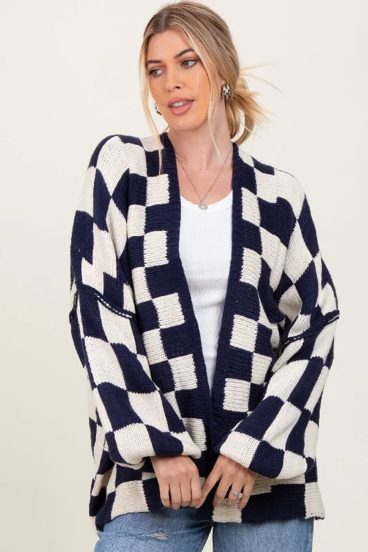 Garden - party cardigan for a charming look -Navy Checkered Oversized Cardigan