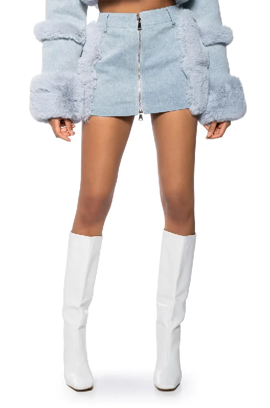 Pleated skirts with delicate pastel tones -IN MY FEELINGS FUR TRIM DENIM MINI SKIRT