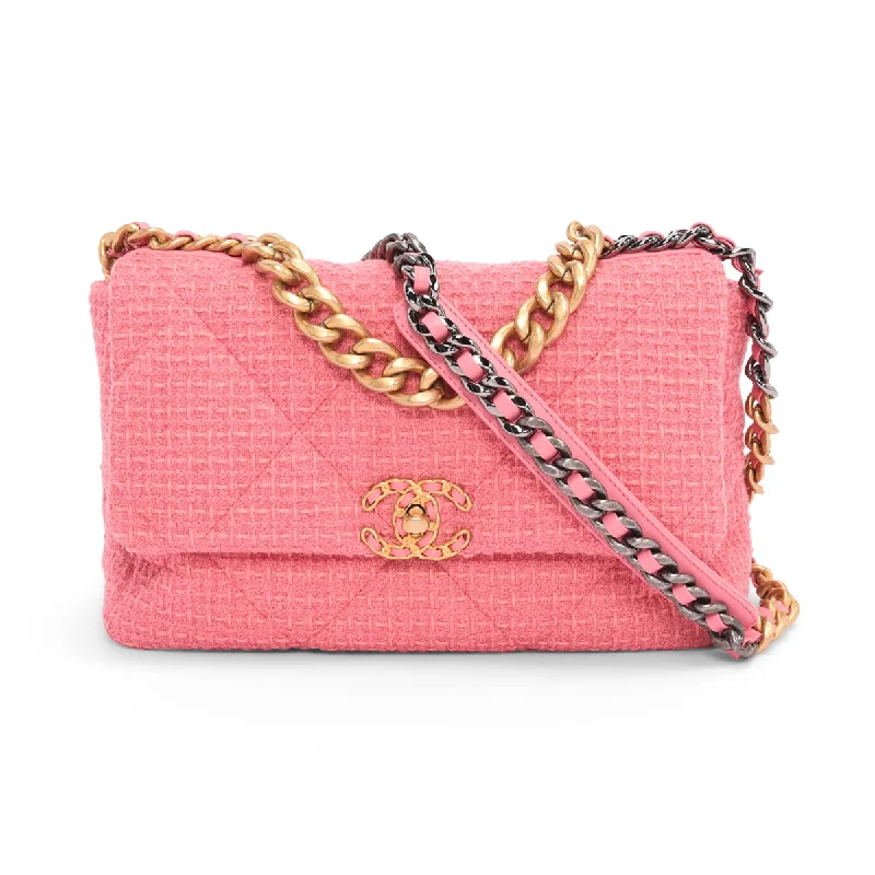 Handle bags with hidden pockets for security -Chanel Pink Glitter Tweed Large Chanel 19 Flap Bag