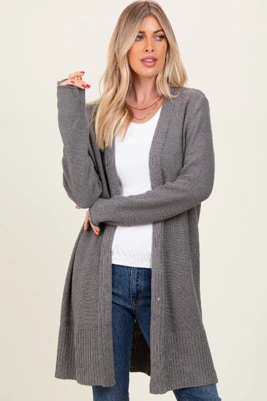 Family - gathering cardigan for a cozy atmosphere -Charcoal Contrast Rib Long Open Cardigan