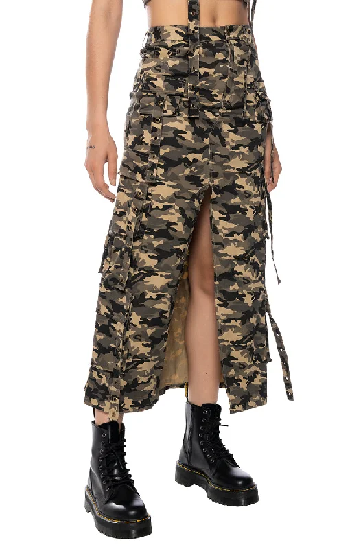 Luxury skirts with intricate embroidery accents -TAYLOR CAMO CARGO MAXI SKIRT