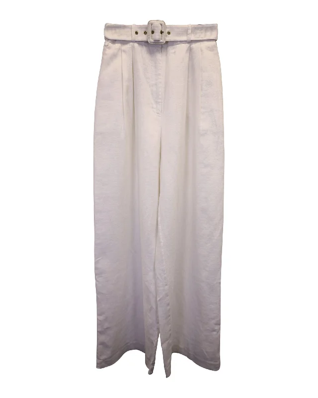 Bold color tight trousers for women with bright hues and daring style choices -Zimmermann Wavelength Belted Wide-Leg Pants in White Linen