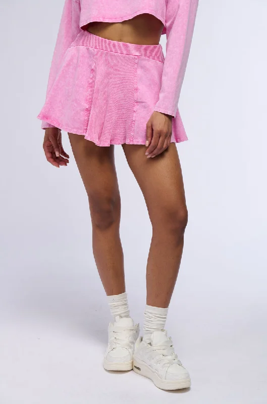 Ruffled skirts for feminine playful charm -THE PINK COSMOS MINERAL WASH FLARE MINI SKIRT