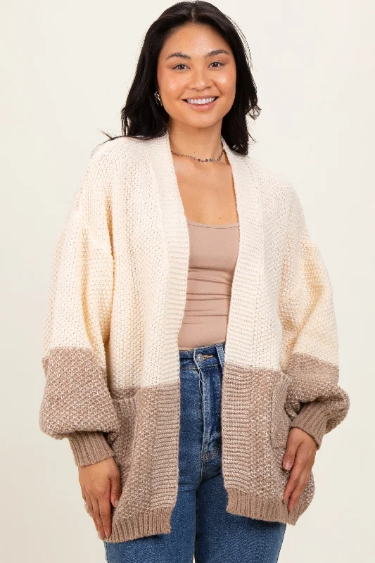 Formal - event cardigan for an elegant presence -Cream Colorblock Bubble Sleeve Knit Cardigan