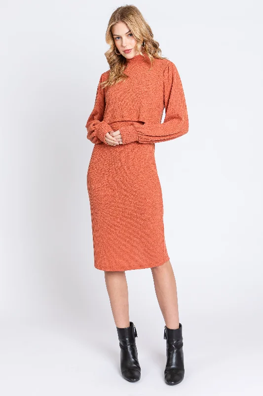 Wedding Dresses for Bridal Look -Rust Rib Knit Mock Neck Nursing Dress