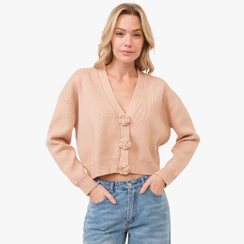 Women's cashmere cardigan for warmth -Knitted Rosette Detail Cardigan (Nude)