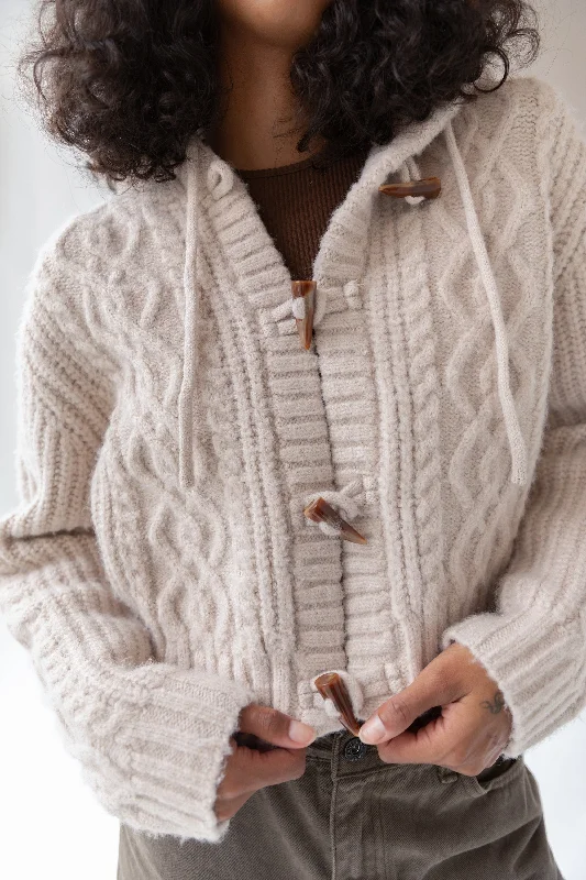 Family - gathering cardigan for a cozy atmosphere -CABLE KNIT HOODED CARDIGAN WITH TOGGLE CLOSURE