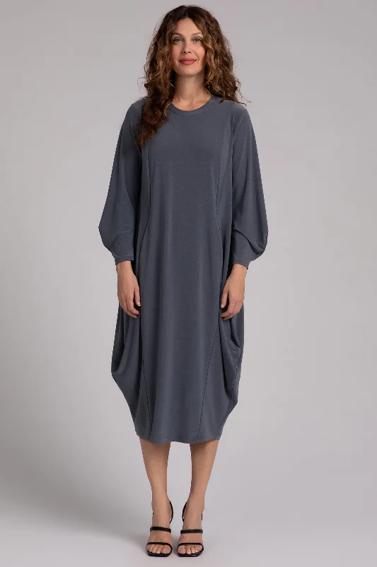 Modern Dresses for Trendy -Easy Crew Neck Lantern Dress | Melange Gunmetal