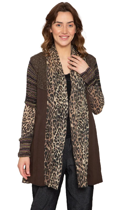 Short - sleeve cardigan for mild days -Women's Open Front Leopard Printed Mixed Media Cardigan