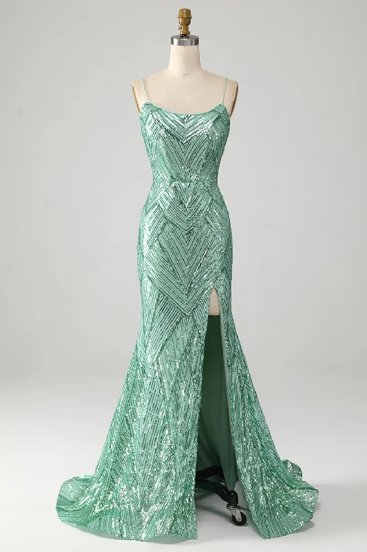 Ethnic Dresses with Tribal Design -Sparkly Green Sequins Lace-Up Back Long Mermaid Prom Dress with Slit