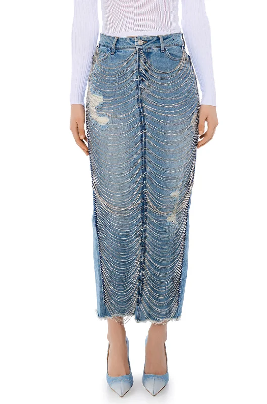 High-waisted pencil skirts for professional office wear -CHAIN DETAIL DENIM MAXI SKIRT