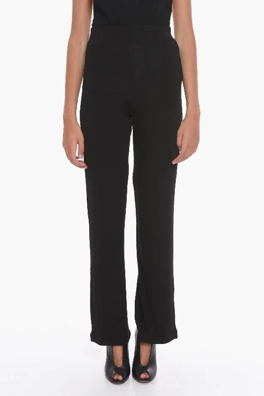 Tight trousers for women with vertical stripes and slimming effect for a sleek look -Lama Jouni Ribbed High-Waisted Palazzo Pants