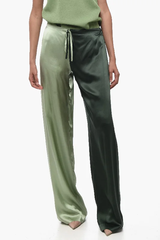 Elegant tight trousers for women with sleek design and tailored for a perfect fit -WOERA Two Tone Silk Palazzo Pants with Drawstring