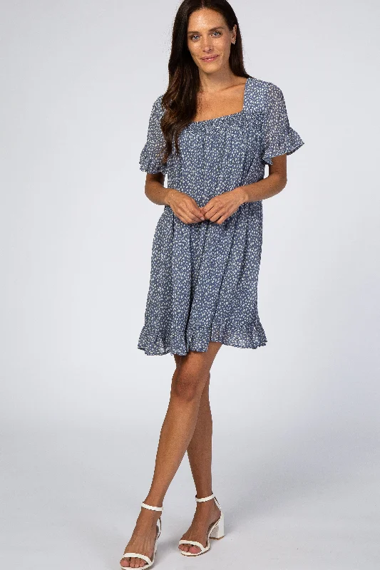 Cocktail Dresses for Party Time -Blue Printed Chiffon Square Neck Ruffle Trim Dress