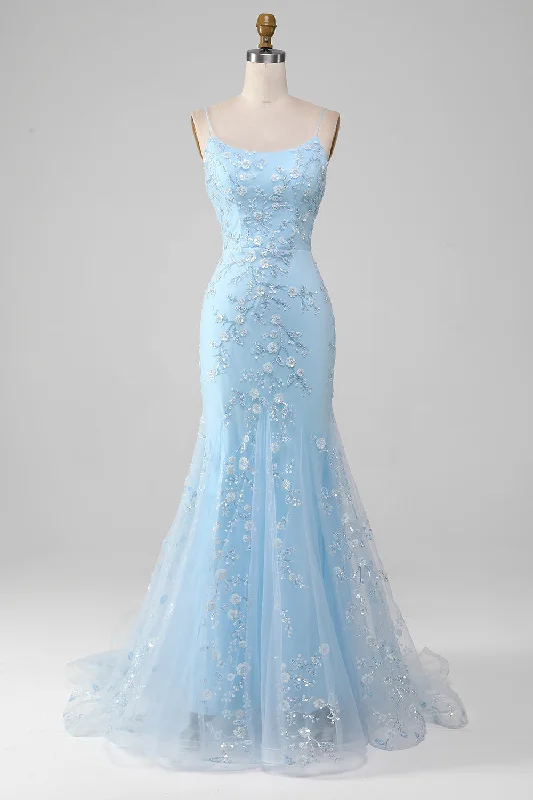 Minimalist Dresses for Simplicity -Sparkly Light Blue Beaded Mermaid Long Prom Dress