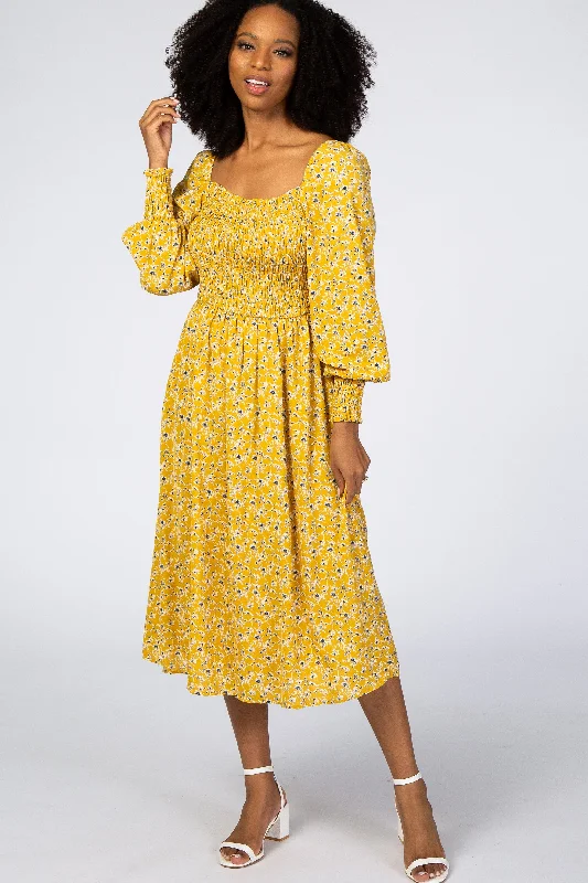 Beige Dresses for Neutral -Yellow Floral Smocked Bubble Sleeve Midi Dress