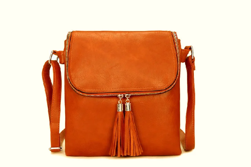 Handle bags with elegant gold-tone hardware -LARGE ORANGE TASSEL MULTI COMPARTMENT CROSS BODY SHOULDER BAG WITH LONG STRAP