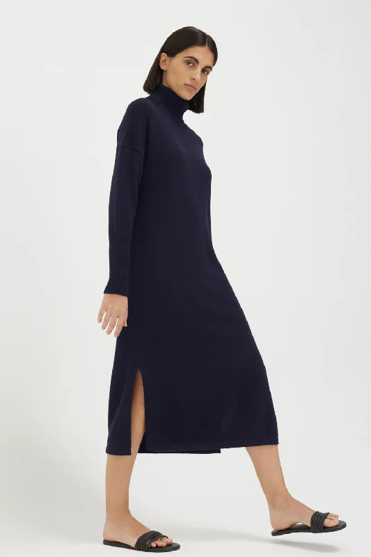 Linen Dresses for Breathable -Navy Wool-Cashmere Rollneck Maxi Dress