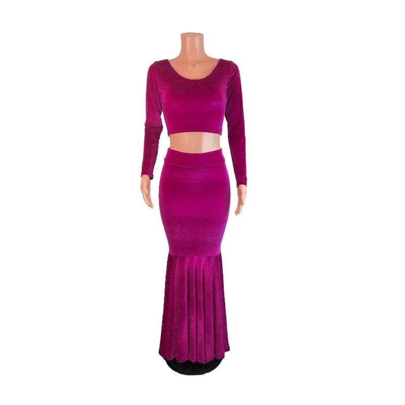 Durable skirts for active lifestyle needs -Fuchsia Pink Velvet Morticia Outfit - Mermaid Long Fit n Flare Skirt and Long Sleeve Crop Top