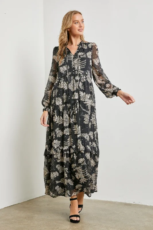 Modern Dresses for Trendy -Black Floral Front Button Tiered Maxi Dress