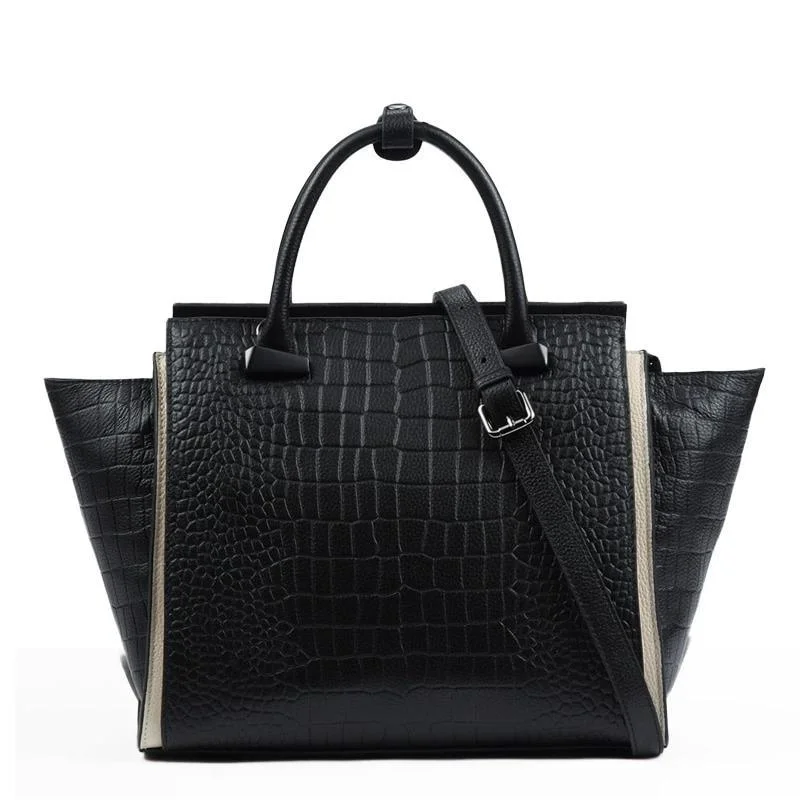 Handle bags with suede accents for texture -Genuine Leather Crocodile Leather Trapeze Bag