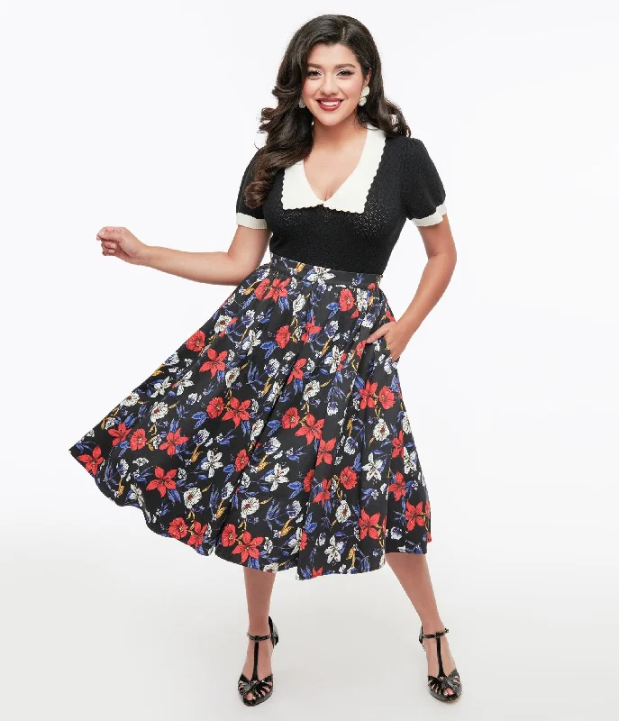 Wrap skirts with tie-front detail charm -Black Floral Print Milly Swing Skirt