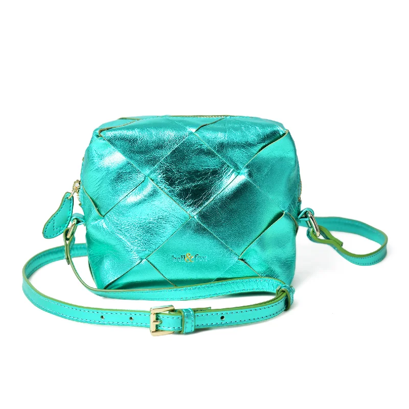 Handle bags with side pockets for organization -ASHA Hand Woven Crossbody Bag in Emerald Metallic Leather